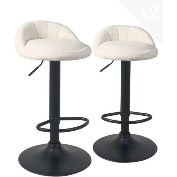 Lot 2 Tabourets De Bar-cuisine Bouclette Pivotant Hauteur Réglable Pied Noir SATI+ (blanc)