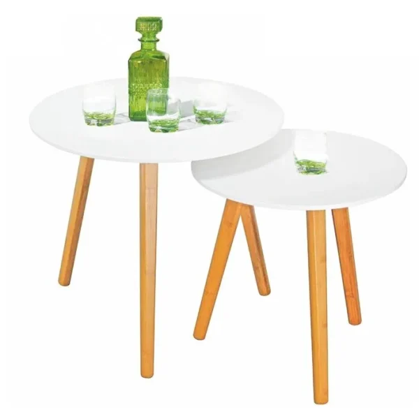 Tables Gigognes Scandinaves Blanc Et Bois Stock