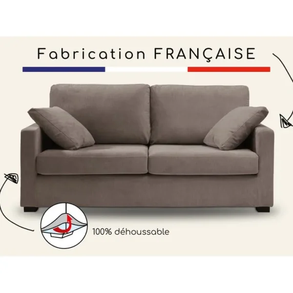 Canapé 3 Pl Lys 175 Cm Fixe Tissu Taupe - 100% Déhoussable - Fab. France