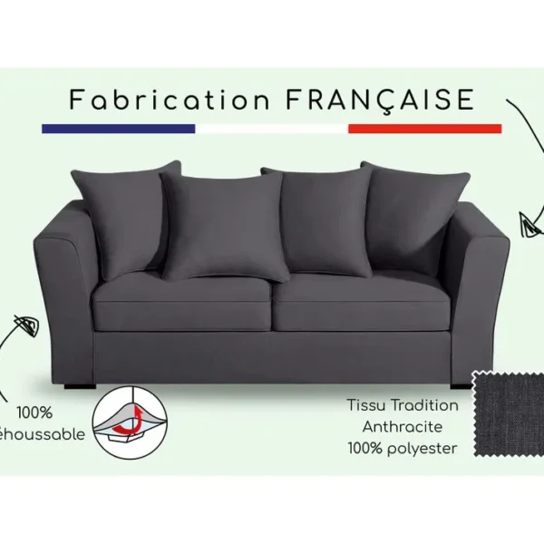 Canapé 3 Pl Yser 200 Cm Fixe Tissu Anthracite - 100% Déhoussable - Fab. France