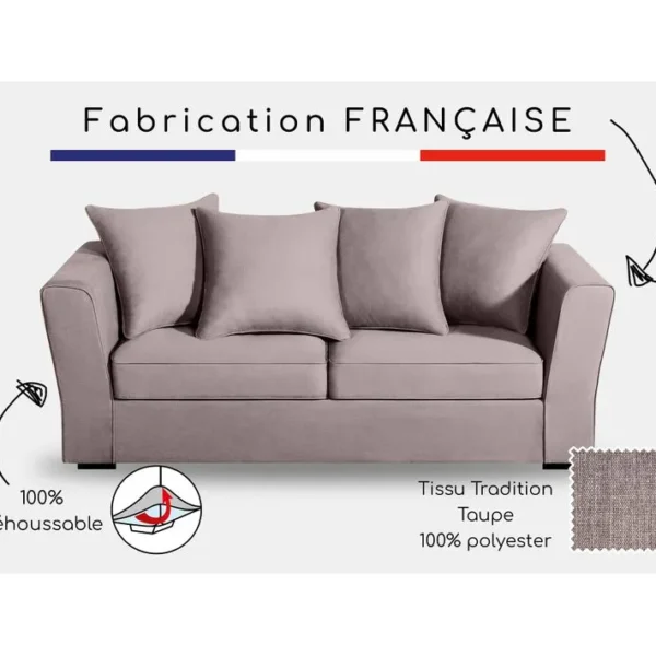 Canapé 3 Pl Yser 200 Cm Fixe Tissu Taupe - 100% Déhoussable - Fab. France