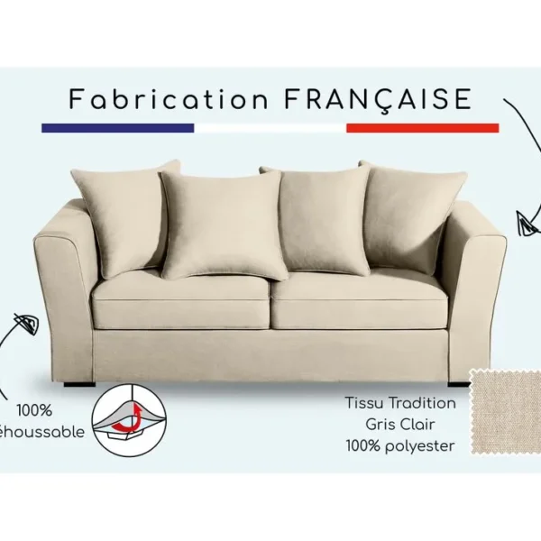 Canapé 3 Pl Yser 200 Cm Fixe Tissu Beige - 100% Déhoussable - Fab. France