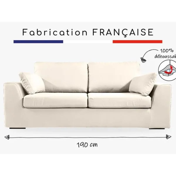 Canapé 3 Pl Tressin 190 Cm Fixe Tissu Coton Écru - 100% Déhoussable - Fab. France