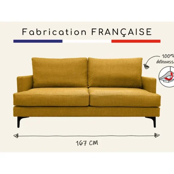 Canapé 3 Pl Wimy 167 Cm Fixe Tissu Ocre - 100% Déhoussable - Fab. France