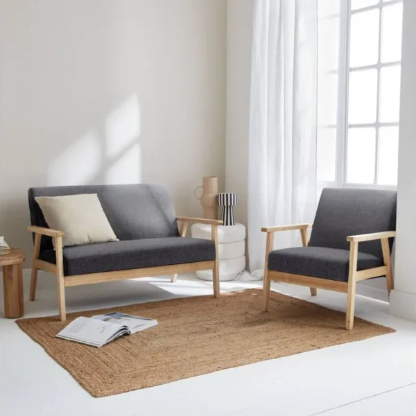 Banquette Et Fauteuil En Bois Et Tissu Gris Foncé. Isak. L 114 X L 69.5 X H 73cm