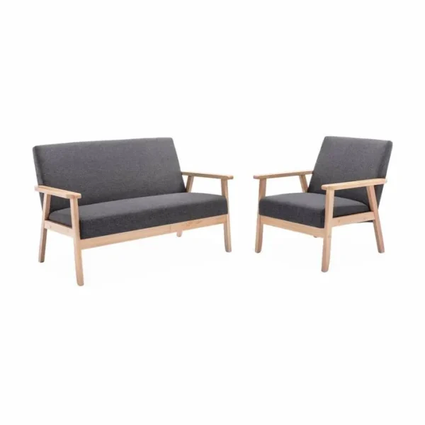 Banquette Et Fauteuil En Bois Et Tissu Gris Foncé. Isak. L 114 X L 69.5 X H 73cm