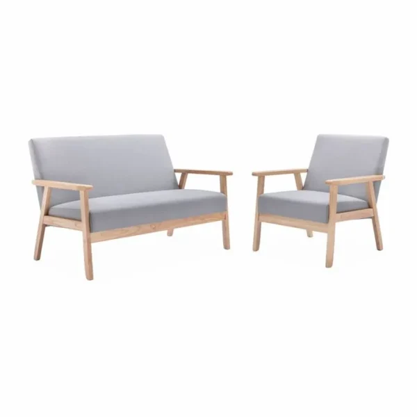 Banquette Et Fauteuil En Bois Et Tissu Gris Clair. Isak. L 114 X L 69.5 X H 73cm