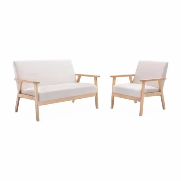 Banquette Et Fauteuil En Bois Et Tissu Crème. Isak. L 114 X L 69.5 X H 73cm