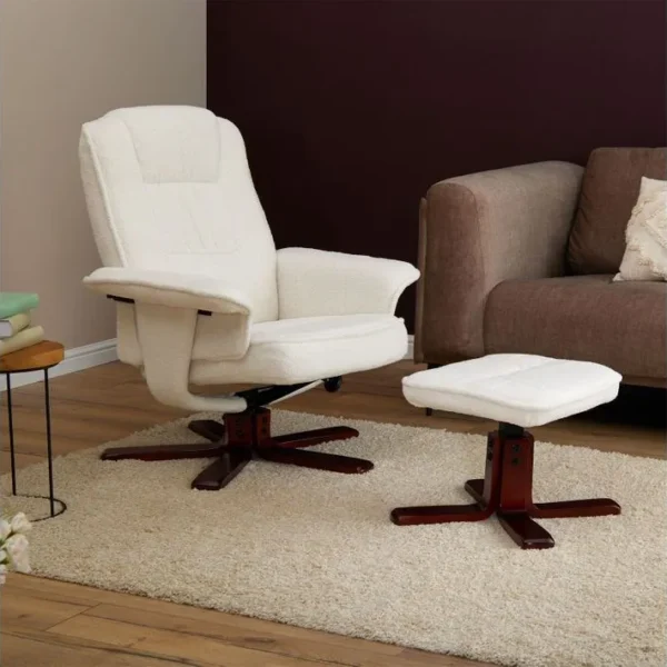 Fauteuil De Relaxation Avec Repose-pieds Charly, En Tissu Bouclette Coloris Blanc