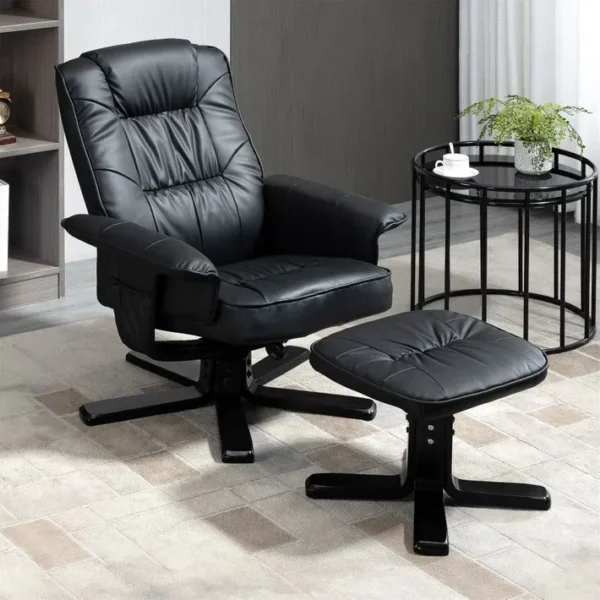 Fauteuil De Relaxation Avec Repose-pieds Charly, En Synthétique Noir Et Pieds Laqué Noir