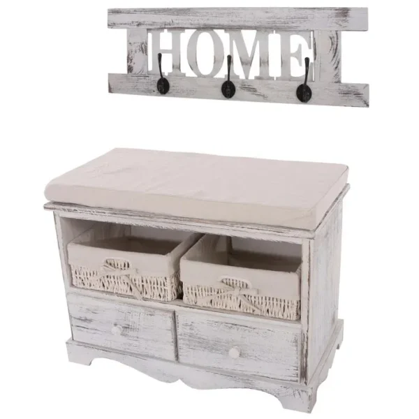 Commode / Banc, 2 Paniers, 2 Tiroirs, 62x33x42cm + Garderobe, Shabby, Vintage, Blanc