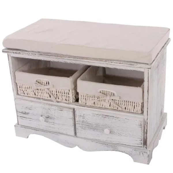 Commode / Banc, 2 Paniers, 2 Tiroirs, 62x33x42cm, Shabby, Vintage, Blanc