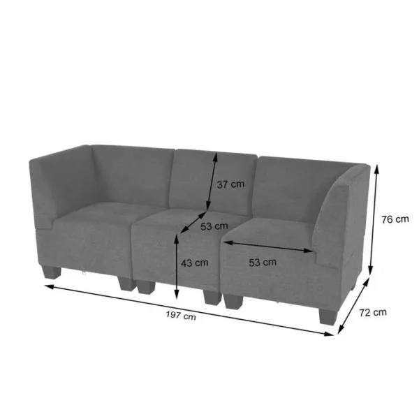 Modular Canapé 3 Places Lyon, Tissu/textile ~ Gris Anthracite, Accoudoirs Hauts