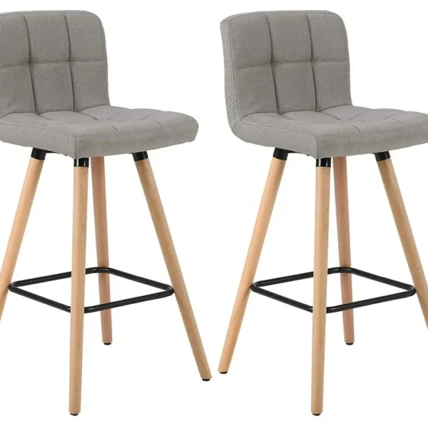 Lot De 2 Tabourets De Bar Avec Repose-pieds-chaise De Bar Design En Bois Massif Et Lin-gris Clair