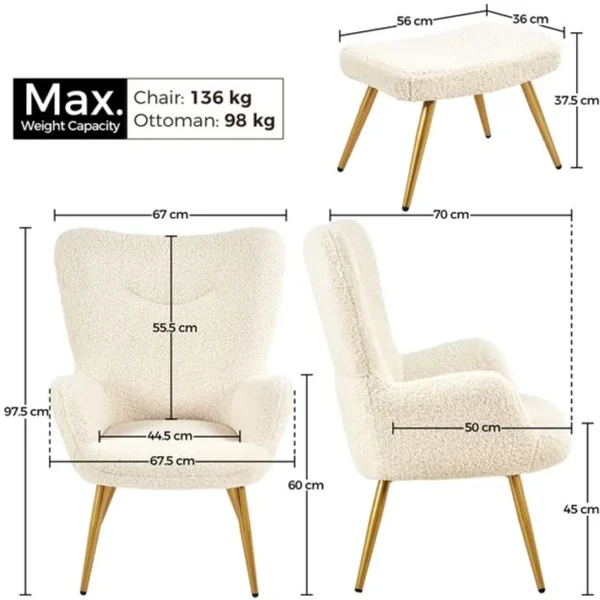 Fauteuil à Oreilles Avec Tabouret En Polyester Ivoire