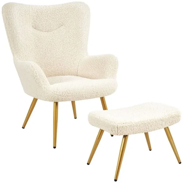 Fauteuil à Oreilles Avec Tabouret En Polyester Ivoire