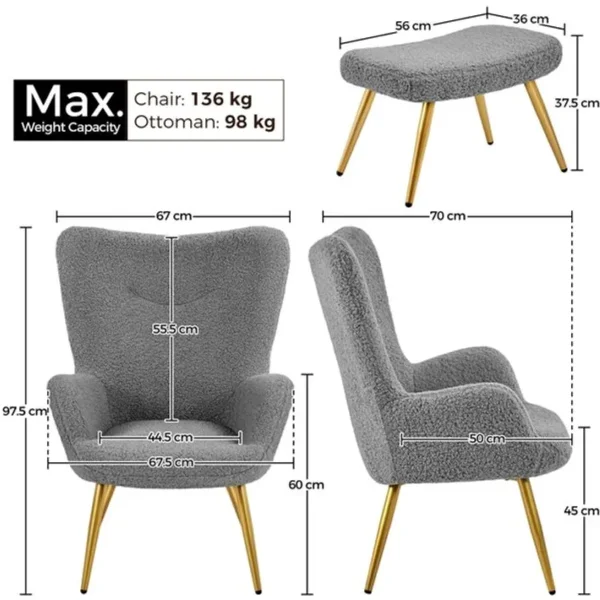 Fauteuil à Oreilles Avec Tabouret En Polyester Gris