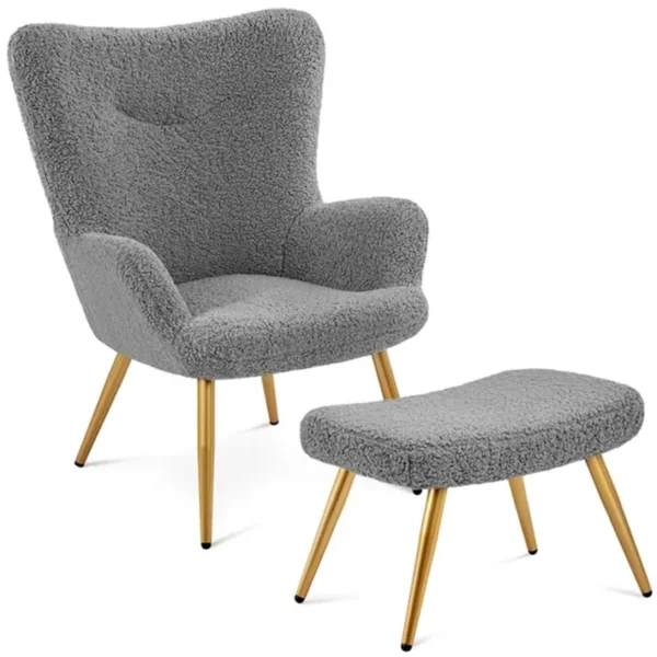 Fauteuil à Oreilles Avec Tabouret En Polyester Gris