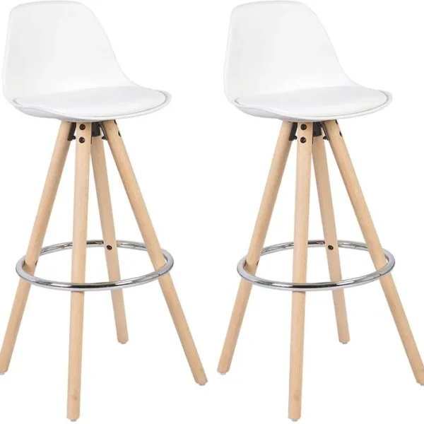 Lot De 2 Tabourets De Bar En Similicuir Et Bois Avec Repose-pieds 38-5x33x96-5cm Blanc