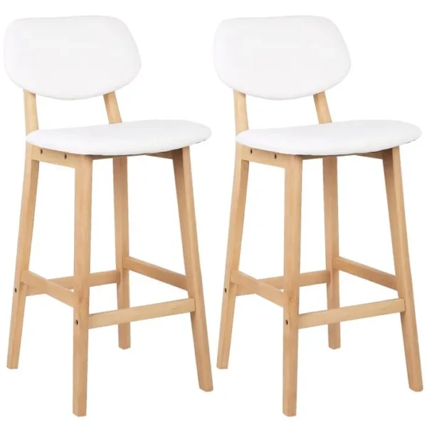 Lot De 2 Tabouret De Bar-tabouret De Cuisine En Cuir Artificiel + Bois-chaise Avec Dossier-blanc