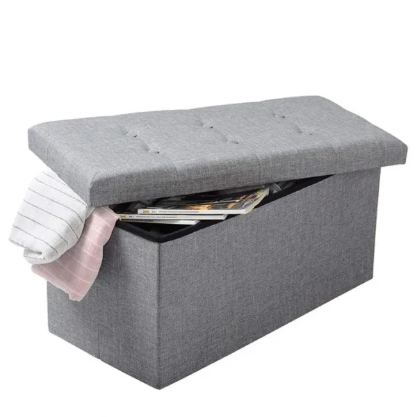 Tabouret Banc Coffre De Rangement Pouf Pliable En Lin-couvercle Détachable-76x37-5x38cm-gris Clair