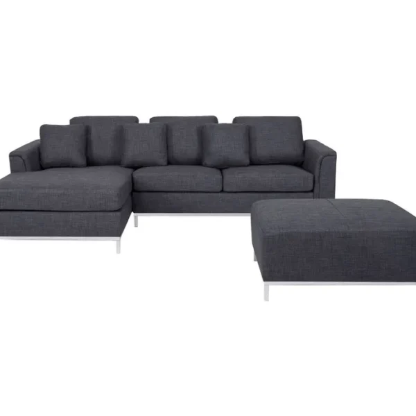 Canapé Angle à Droite 4 Places En Tissu Gris Foncé Avec Pouf Oslo