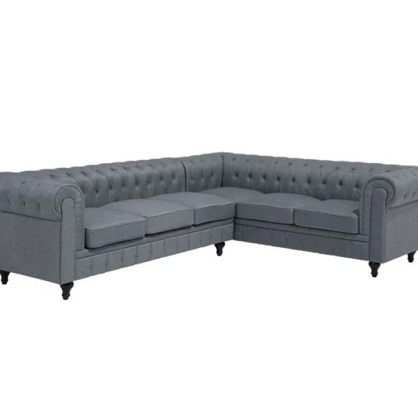 Canapé Angle à Gauche 6 Places En Tissu Gris Clair Chesterfield