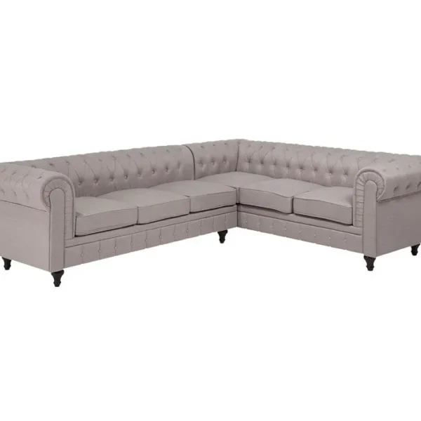 Canapé Angle à Gauche 6 Places En Tissu Beige Chesterfield