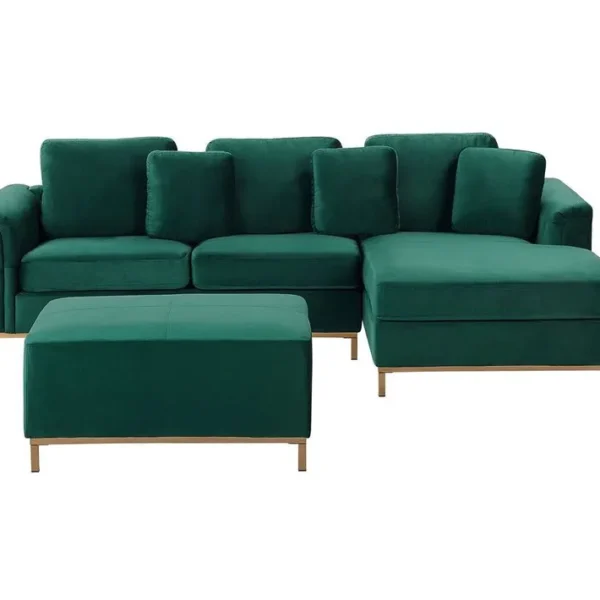 Canapé Angle à Gauche En Velours Vert 4 Places Avec Pouf Oslo