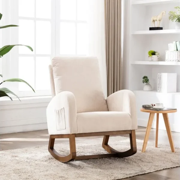 Fauteuil Rocking-chair Avec Poches Latérales Et Pieds En Bois Massif En Beige