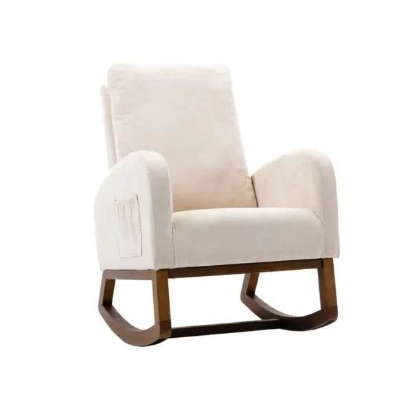 Fauteuil Rocking-chair Avec Poches Latérales Et Pieds En Bois Massif En Beige