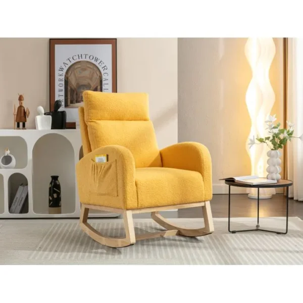 Fauteuil à Bascule Rocking Chair Fauteuil Relax Avec Pieds En Bois Massif Et Poches Latérales Jaune