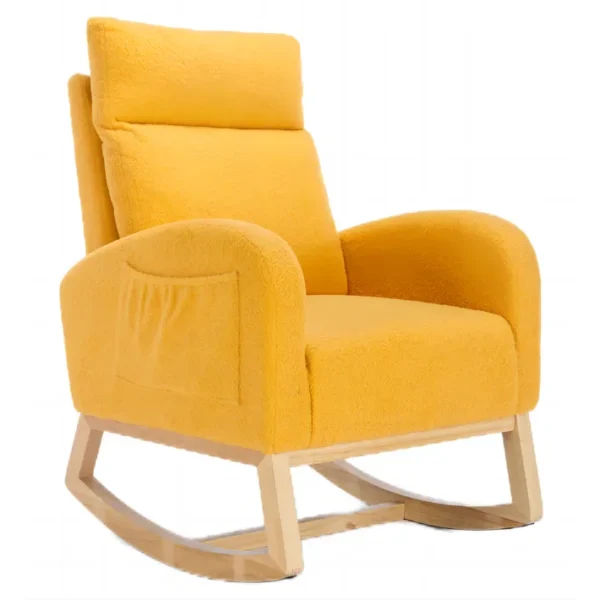 Fauteuil à Bascule Rocking Chair Fauteuil Relax Avec Pieds En Bois Massif Et Poches Latérales Jaune