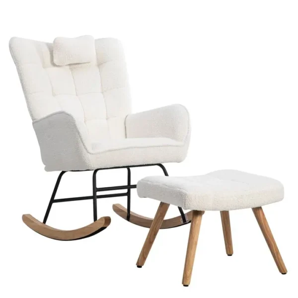 Rocking-chair Fauteuil à Bascule Avec 1 Repose-pieds Et 1 Oreiller Blanc