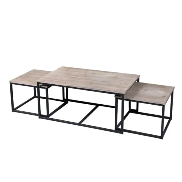 Trio De Tables Basse Country Side - H. 45 Cm - Noir Et Effet Bois