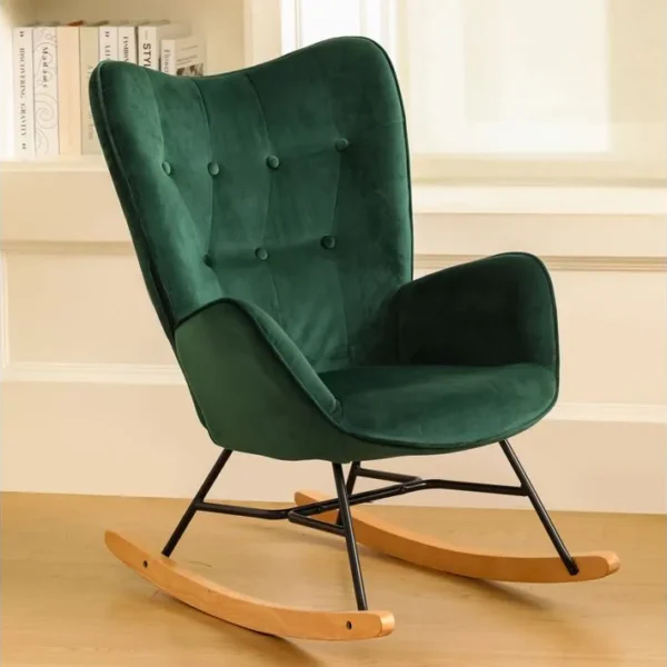 Fauteuil à bascule Scandinave velours vert pieds en bois clair