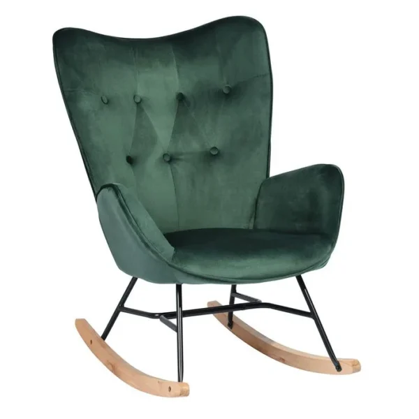 Fauteuil à bascule Scandinave velours vert pieds en bois clair