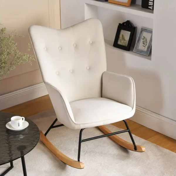 Fauteuil à Bascule Rocking Chair Velours Blanc Cassé