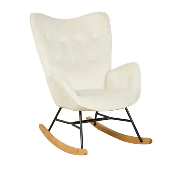 Fauteuil à Bascule Rocking Chair Velours Blanc Cassé