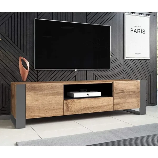 Wodd Meuble TV Bas En Chêne Anthracite Et Pieds Gris 180 Cm. Style Industriel