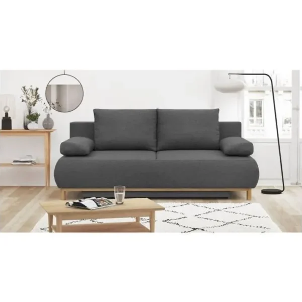 Banquette Convertible 3 Places Mika Tissu Gris Coffre De Rangement L 192 X H 84 X P 93 Cm