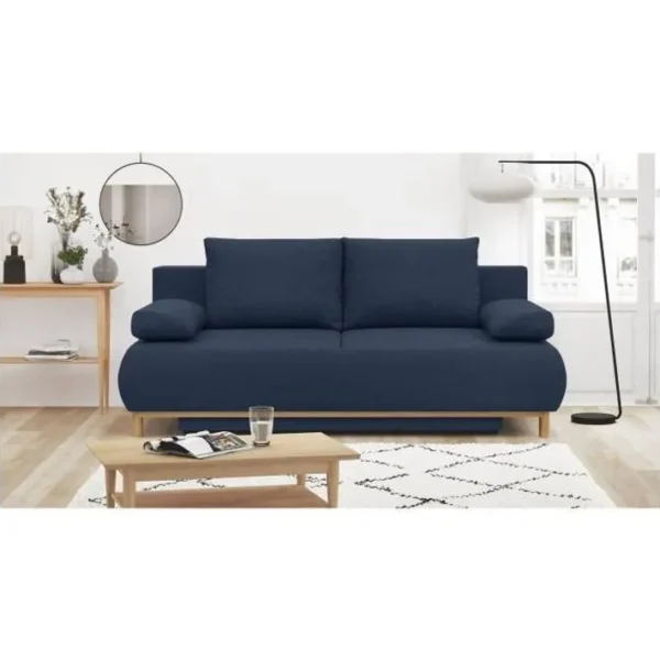 Banquette Convertible 3 Places Mika Tissu Bleu Foncé Coffre De Rangement L 192 X H 84 X P 93 Cm