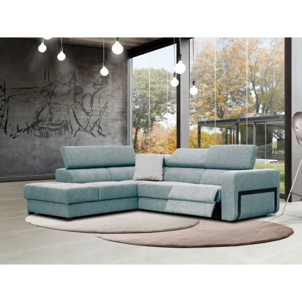 Canapé Dangle Gauche Bergo 5 Places Relax Électrique Tissu Bleu Clair Avec Un Coussin Déco