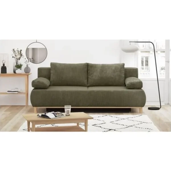 Banquette Convertible 3 Places Mika Velours Côtelé Vert Kaki Coffre - L 192 X H 84 X P 93 Cm