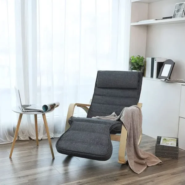 Fauteuil Berçant En Bois, Avec Repose-pied Réglable 5 Niveaux, Charge Max 150 Kg, Gris Foncé