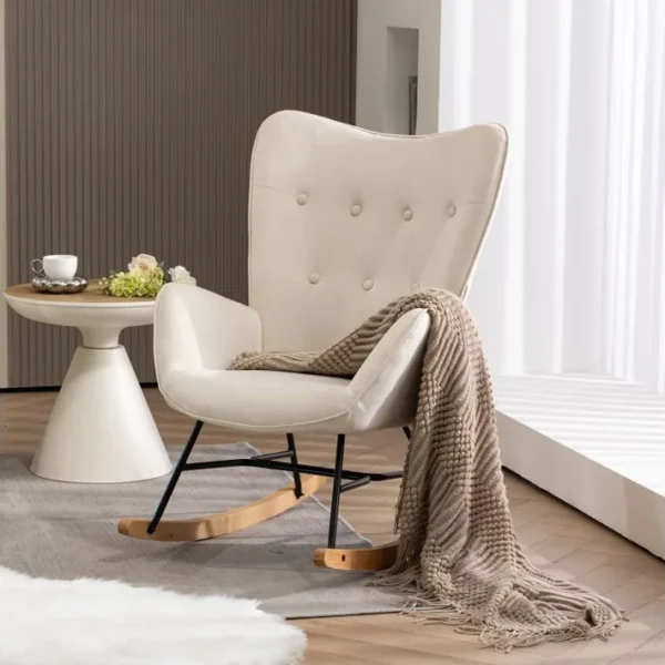 Fauteuil À Bascule Scandinave Rocking Chaise Loisir Et Repos En Velours, Beige, 68x87x98cm