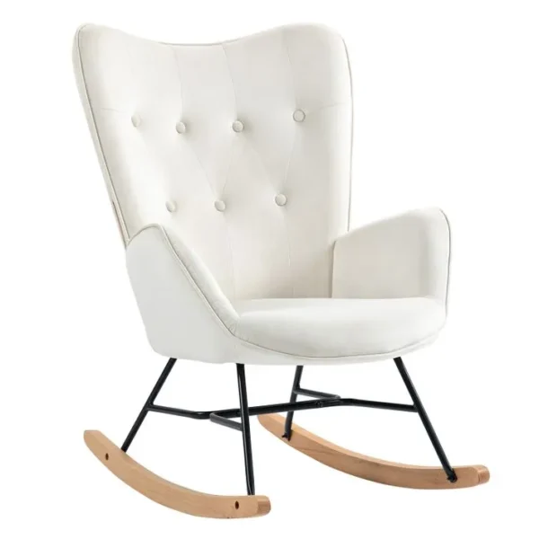 Fauteuil À Bascule Scandinave Rocking Chaise Loisir Et Repos En Velours, Beige, 68x87x98cm