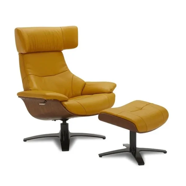 Ensemble Fauteuil + Pouf Cuir Et Chêne Naturel - Naos - Cuir Jaune