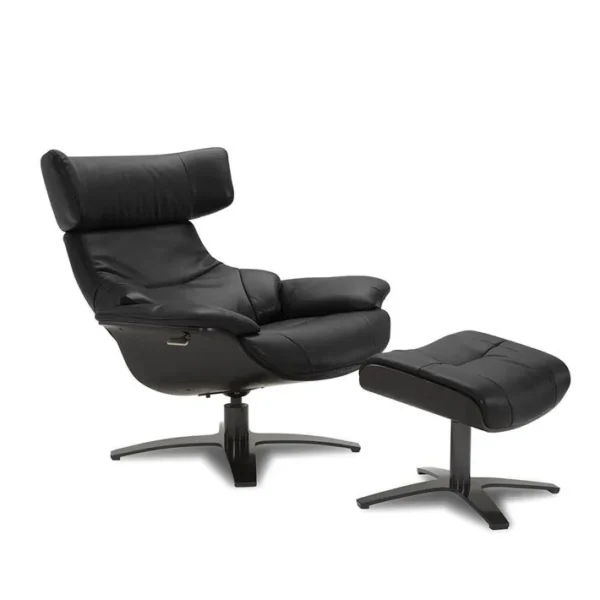 Ensemble Fauteuil + Pouf Cuir Et Chêne Noir - Naos - Cuir Noir