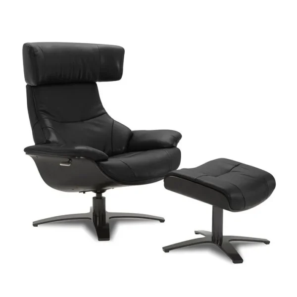 Ensemble Fauteuil + Pouf Cuir Et Chêne Noir - Naos - Cuir Noir